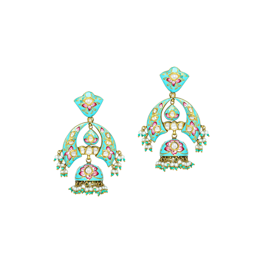 Pastel Enamel Jhumkas with Pearl and Turquoise Danglings